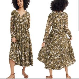 Madewell Cinch-Waist Tiered Midi Dress - Olive Floral